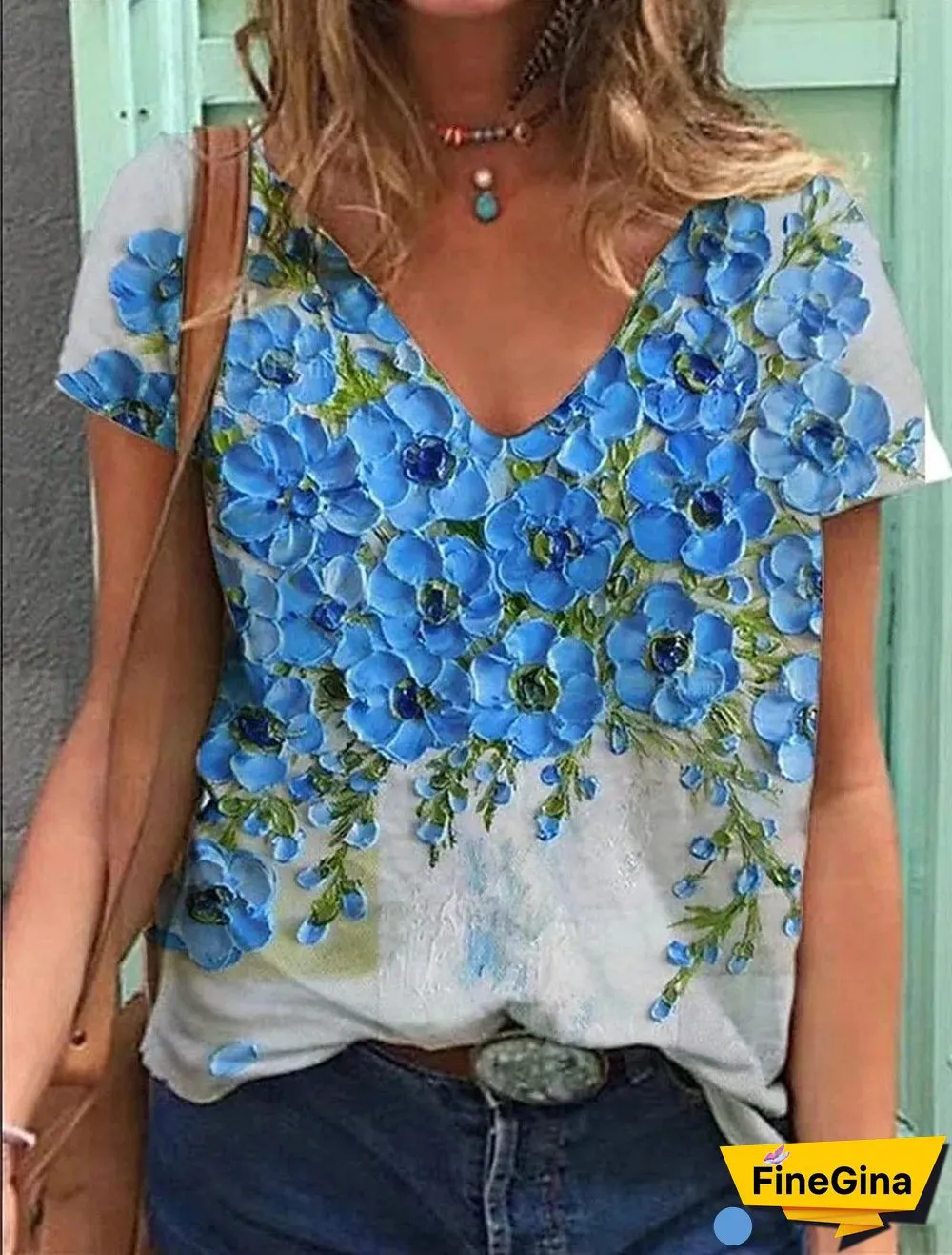 Loose V Neck Printed Shirt