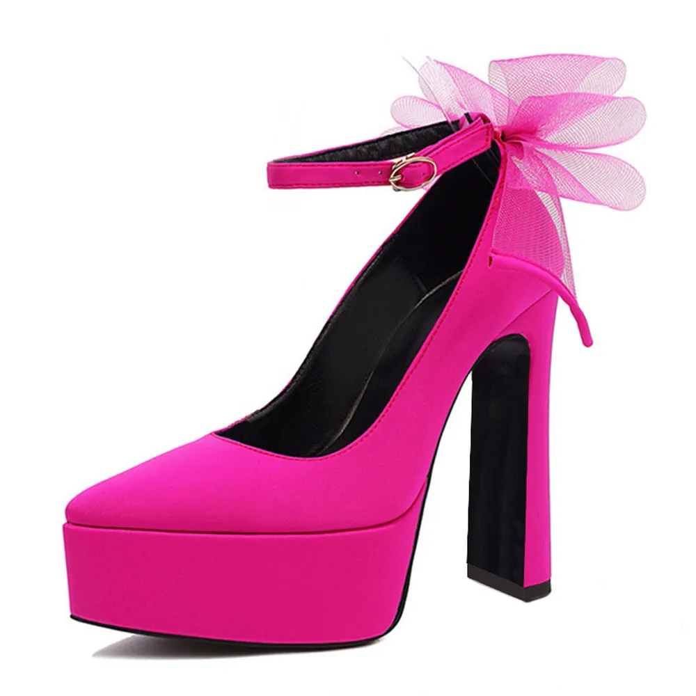 Satin Pointed Toe Ankle Strap Platform Pumps with Mesh Bow-Knot