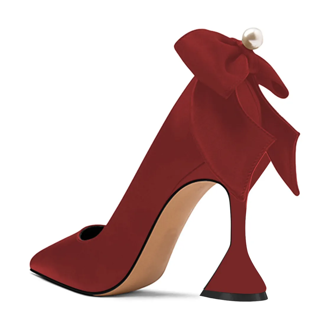 Red Satin Slip-On Pointed Toe Pumps Heels with Pearl Bow Accent
