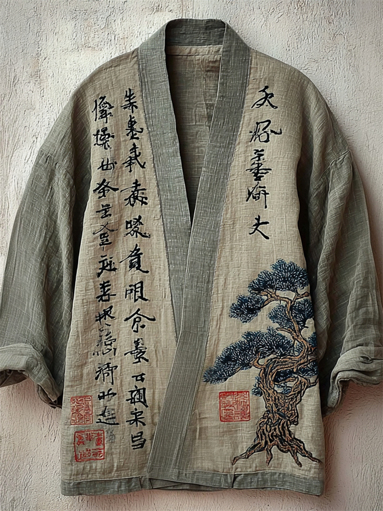 Japanese Pine Tree & Calligraphy Art Linen Kimono Cardigan