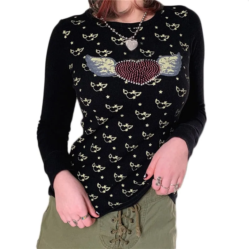 Xingqing Fairy Grunge Heart Wings Print Top Graphic Tee Vintage Cyber Y2k Aesthetic Clothes Brown Long Sleeve T Shirts