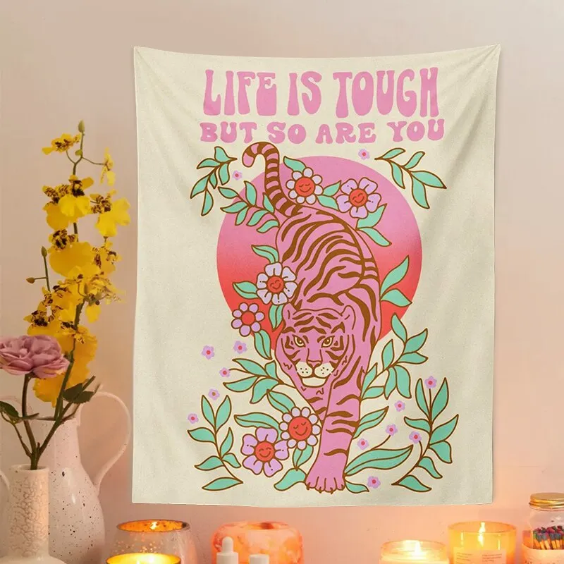 Tiger Moon Wall Tapestry flower plant Wall Hanging pink Aesthetic Room Decor Psychedelic Boho background Tapestries Home Decor