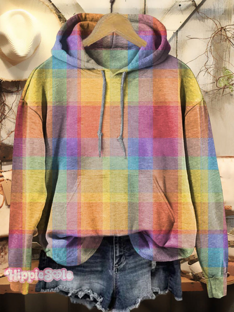 Retro Colorful Plaid Art Print Casual Hoodie Sweatshirt Multicolor / S