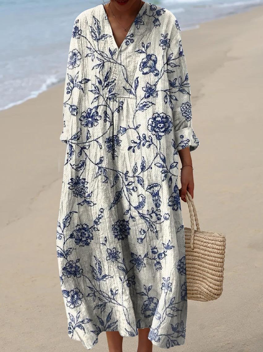 Women's Vintage Lovely Floral Art Print Flowy Dress