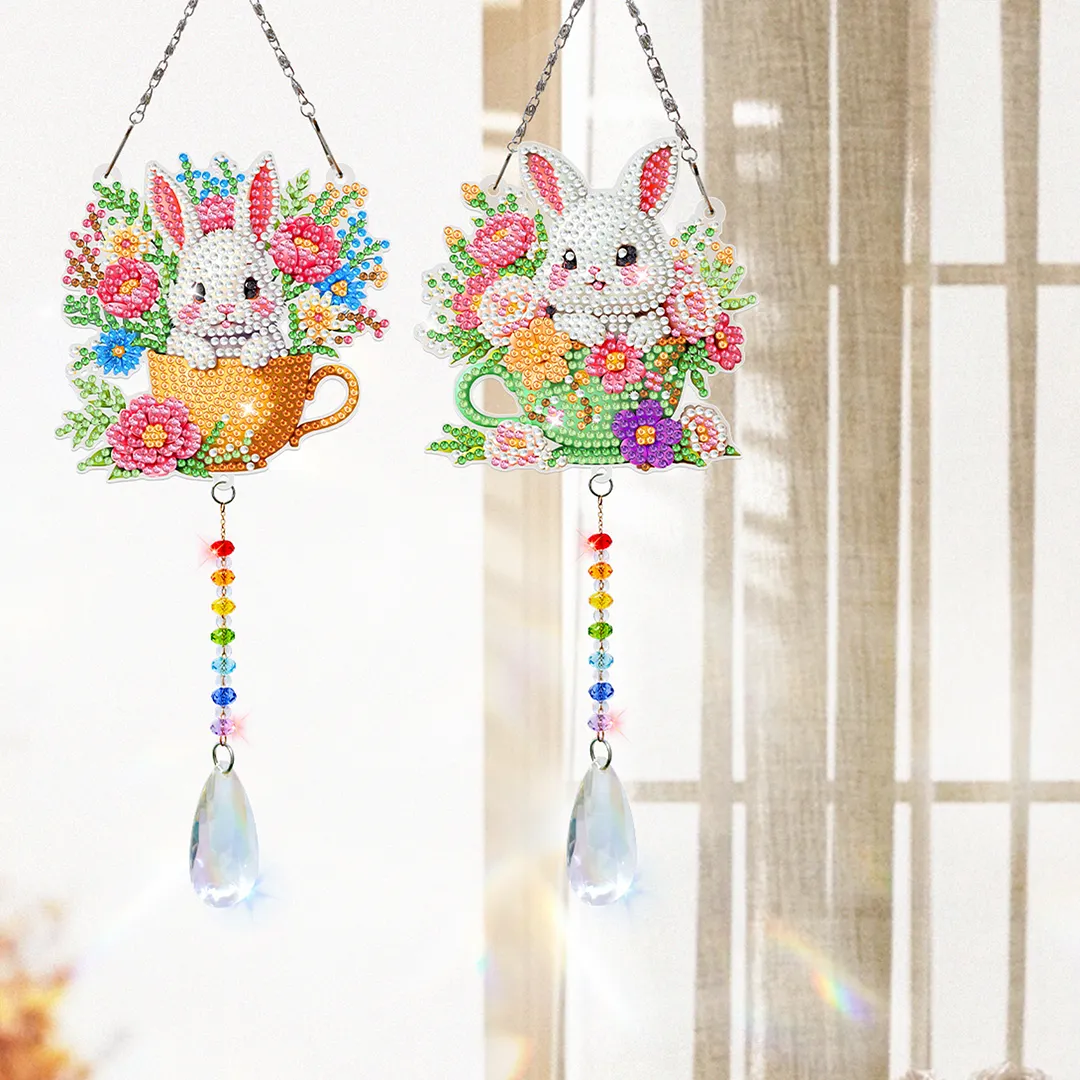 2Pcs Teacup Rabbit DIY Double-Sided Diamond Painting Hanging Kits Diamond Painting Suncatcher Craft Kit for Home Garden Wall Decor Gift