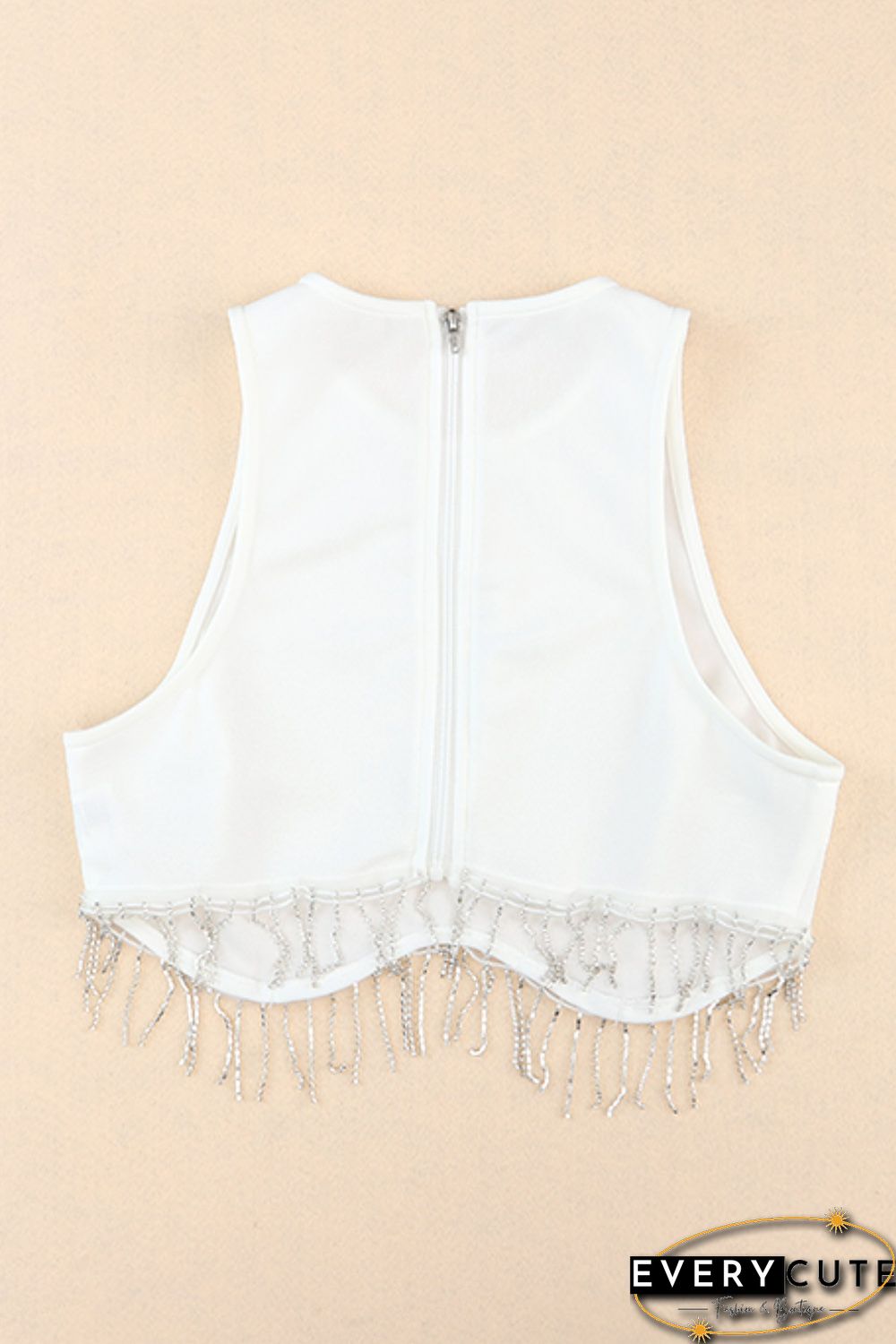 White Rhinestone Fringe Zip Back Round Neck Cropped Tank Top