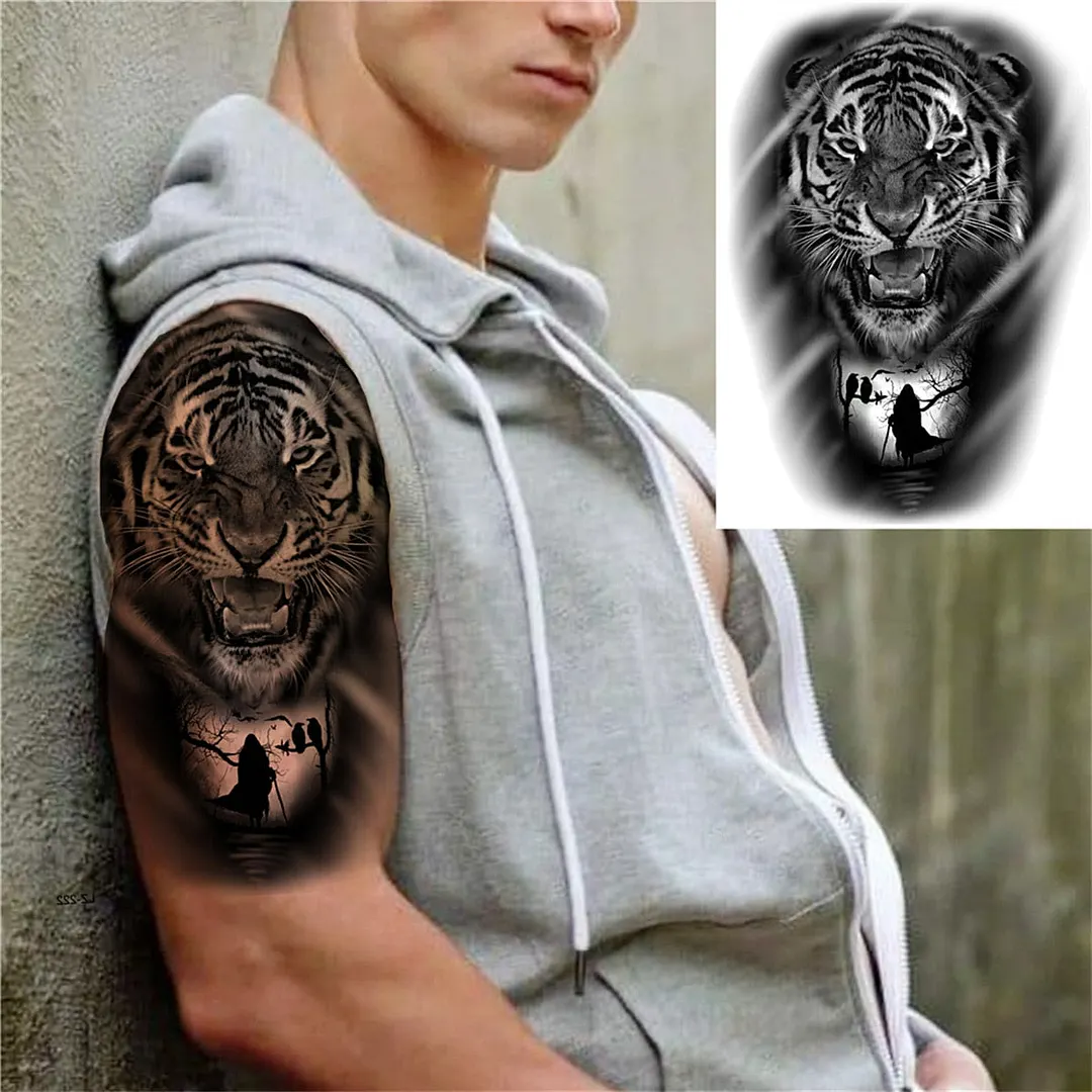 3D Lion Tiger Temporary Tattoos For Men Women Adult Black Wolf Tattoo Sticker Realistic Fake Bear Mountain Disposable Tatoo Body