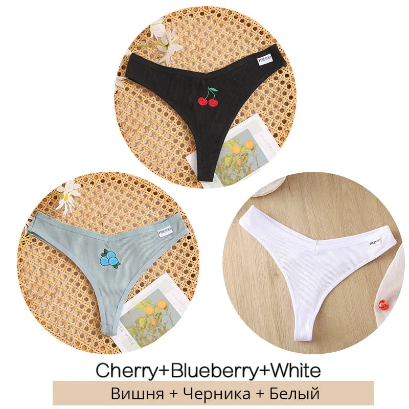 FINETOO 3Pcs/set Cotton Thongs Women Fruit Embroidery G-string Panties M-XL Low Waist T-back Underpants Ladies Underwear Panty