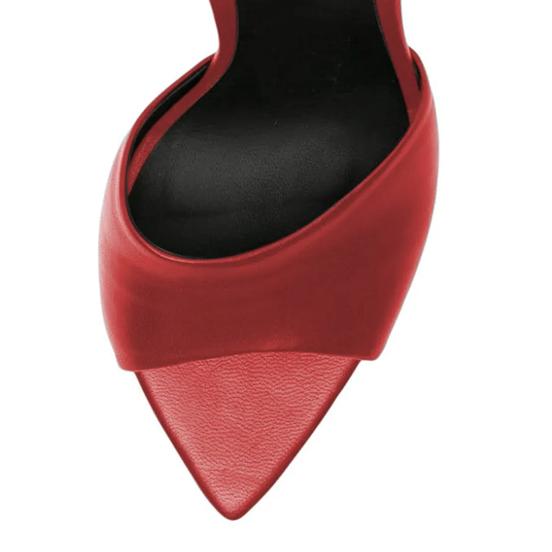 YDN Vegan Leather Open-Pointed-Toe Flared Heeled Mules in Red