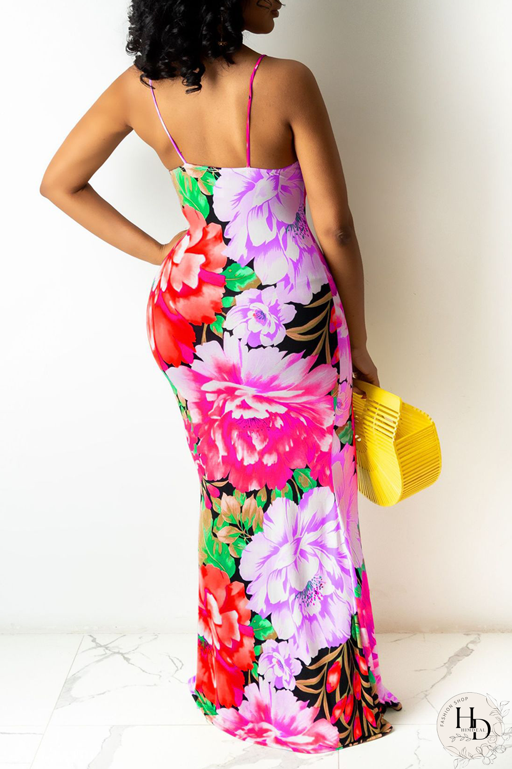 Rose Red Sexy Patchwork Split Joint Spaghetti Strap Pencil Skirt Dresses