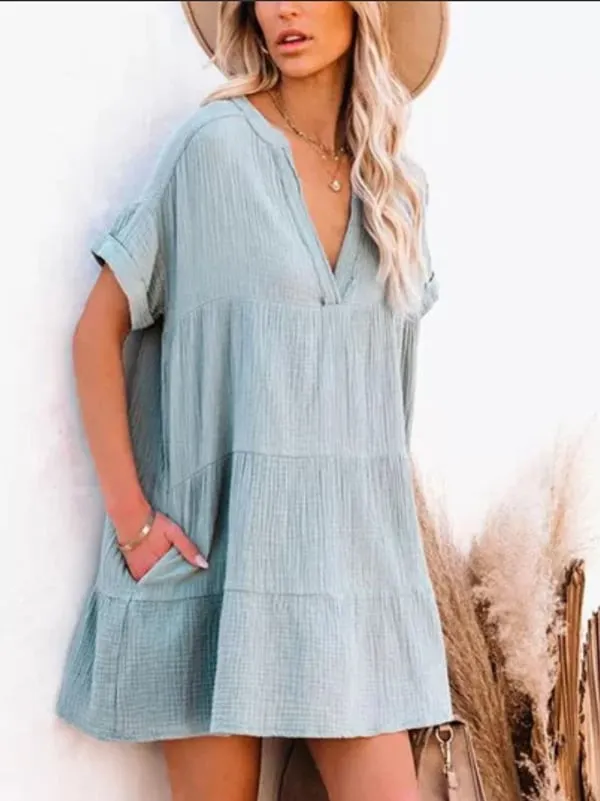 Cotton-linen paneled pleated loose-fitting fashion dress