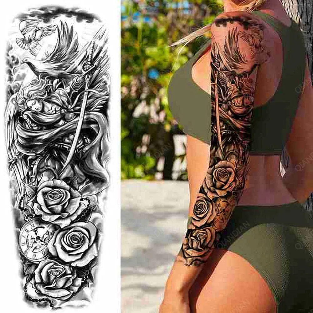 Large Arm Sleeve Tattoo Rose Lion Wolf Waterproof Temporary Tatto Sticker Flower Clock Waist Leg Body Art Full Fake Tatoo Women