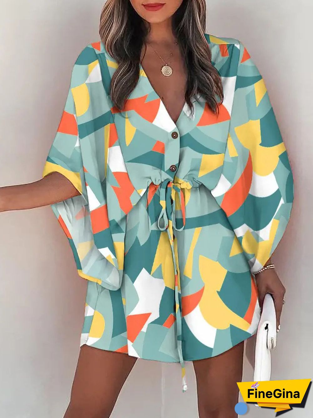 Summer Women's Fashion Holiday Dress Casual Print Flying Sleeve V-Neck Drawstring Mini Loose Dresses For Women Streetwear
