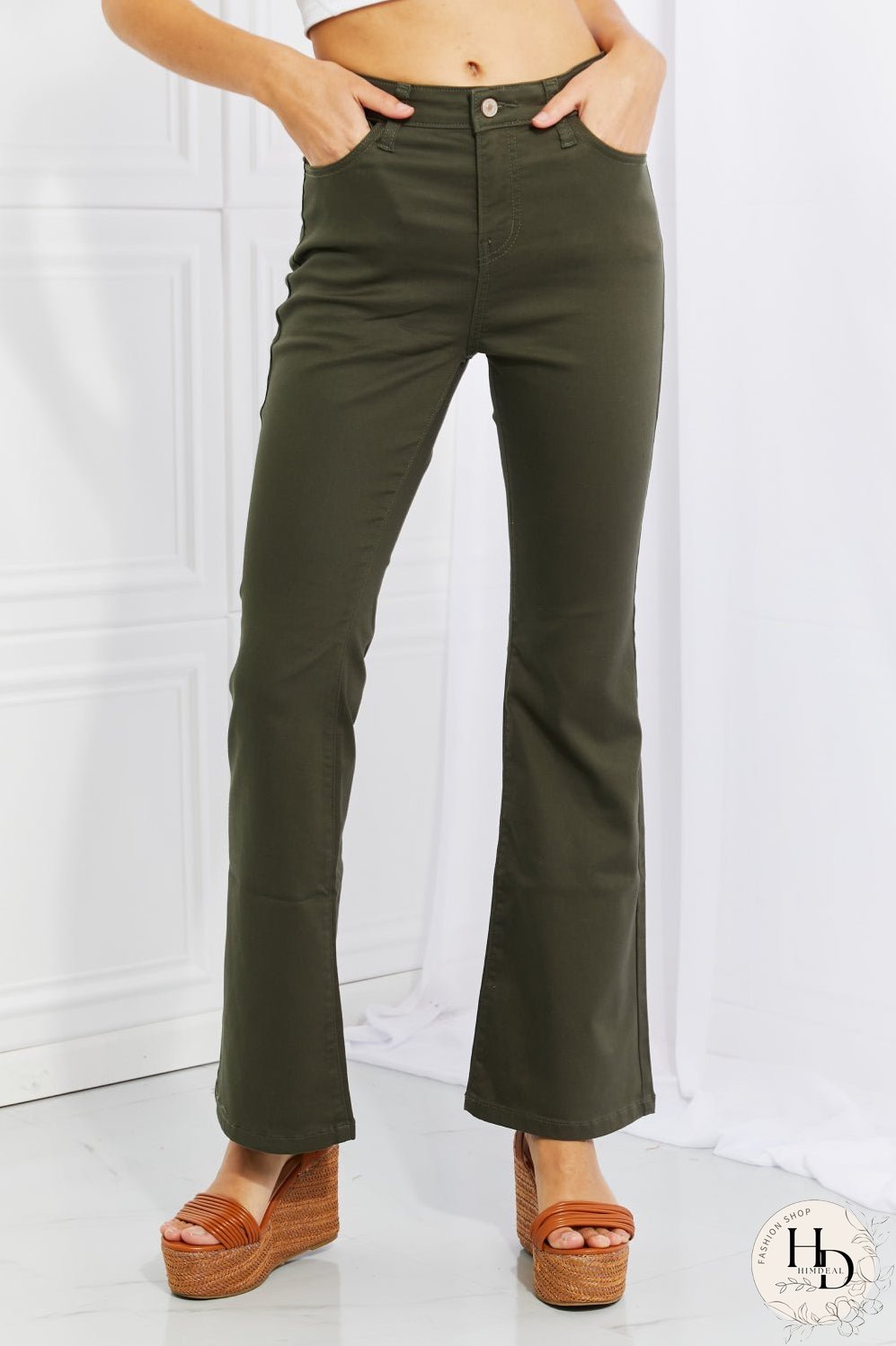 Zenana Clementine Full Size High-Rise Bootcut Jeans in Dark Olive