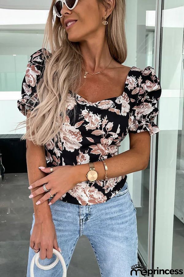 Floral Puff Sleeve Smocked Back Top