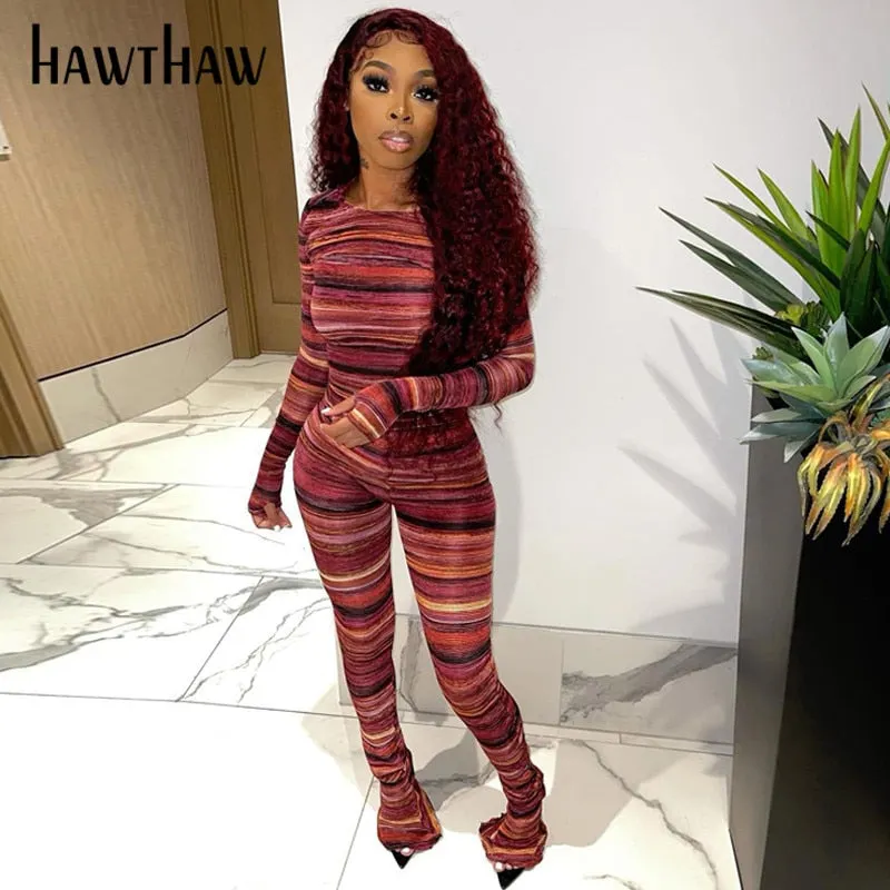 Hawthaw Women Autumn Long Sleeve Striped Printed T Shirt Tops Long Pant Two Piece Set Suit 2021 Fall Clothes Wholesale Items