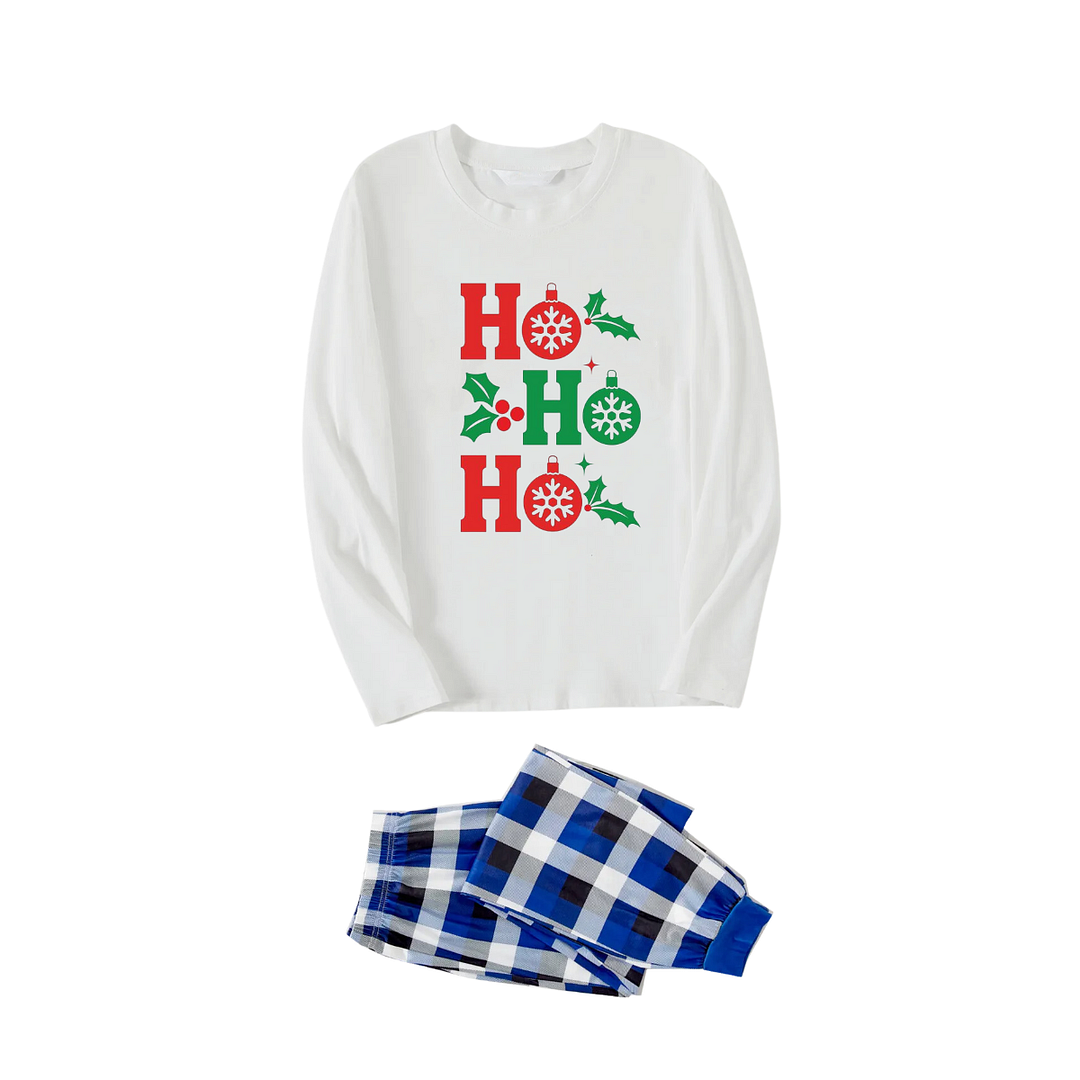 "HO HO HO" Letter Christmas 2024 Blue & White Long Sleeve Top with Blue & Black & White Plaid Family Matching Pajamas
