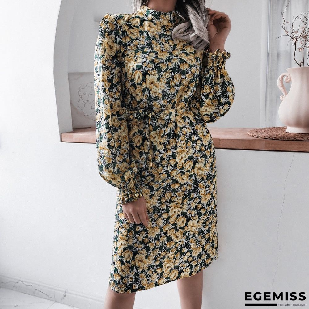 Floral Stand Collar Lantern Long Sleeve Chiffon Dress | EGEMISS