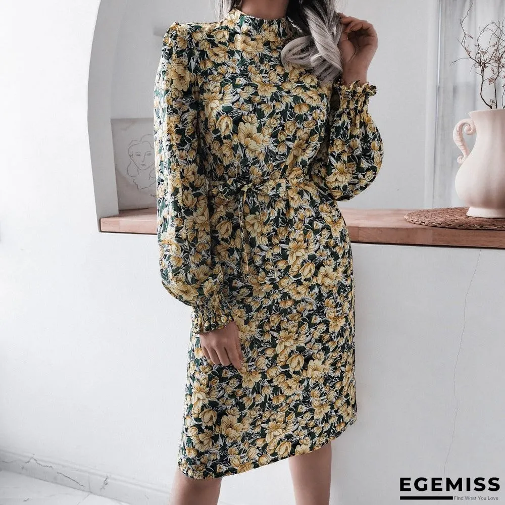 Floral Stand Collar Lantern Long Sleeve Chiffon Dress | EGEMISS