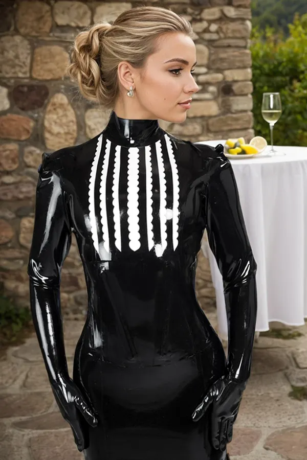 Women Latex Dresses Black and White Latex Dress Set (Dress & Corset & Leggings)