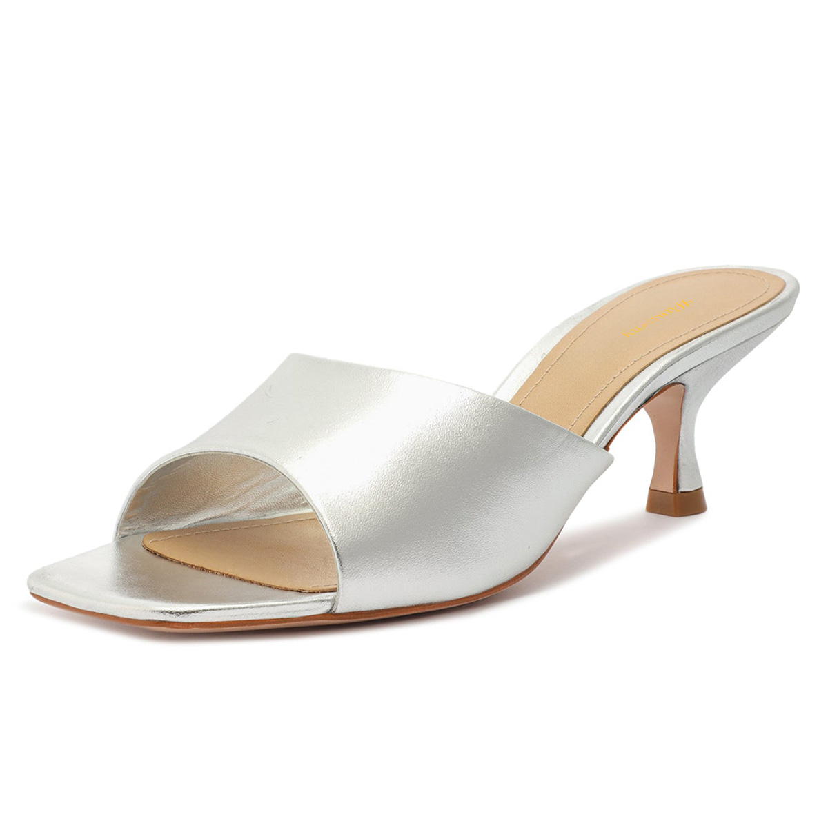Silver Metallic Finish Slip-on Open Square Toe Kitten Heeled Mules Nicepairs