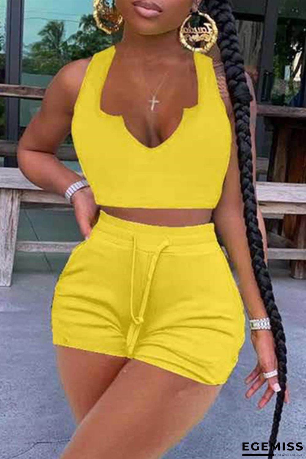 Yellow Fashion Casual Solid Vests V Neck Sleeveless Two Pieces | EGEMISS