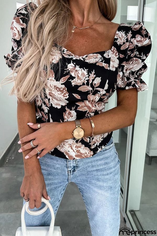 Floral Puff Sleeve Smocked Back Top