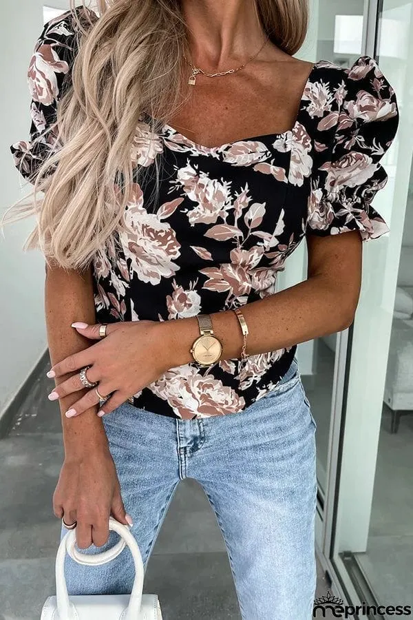 Floral Puff Sleeve Smocked Back Top