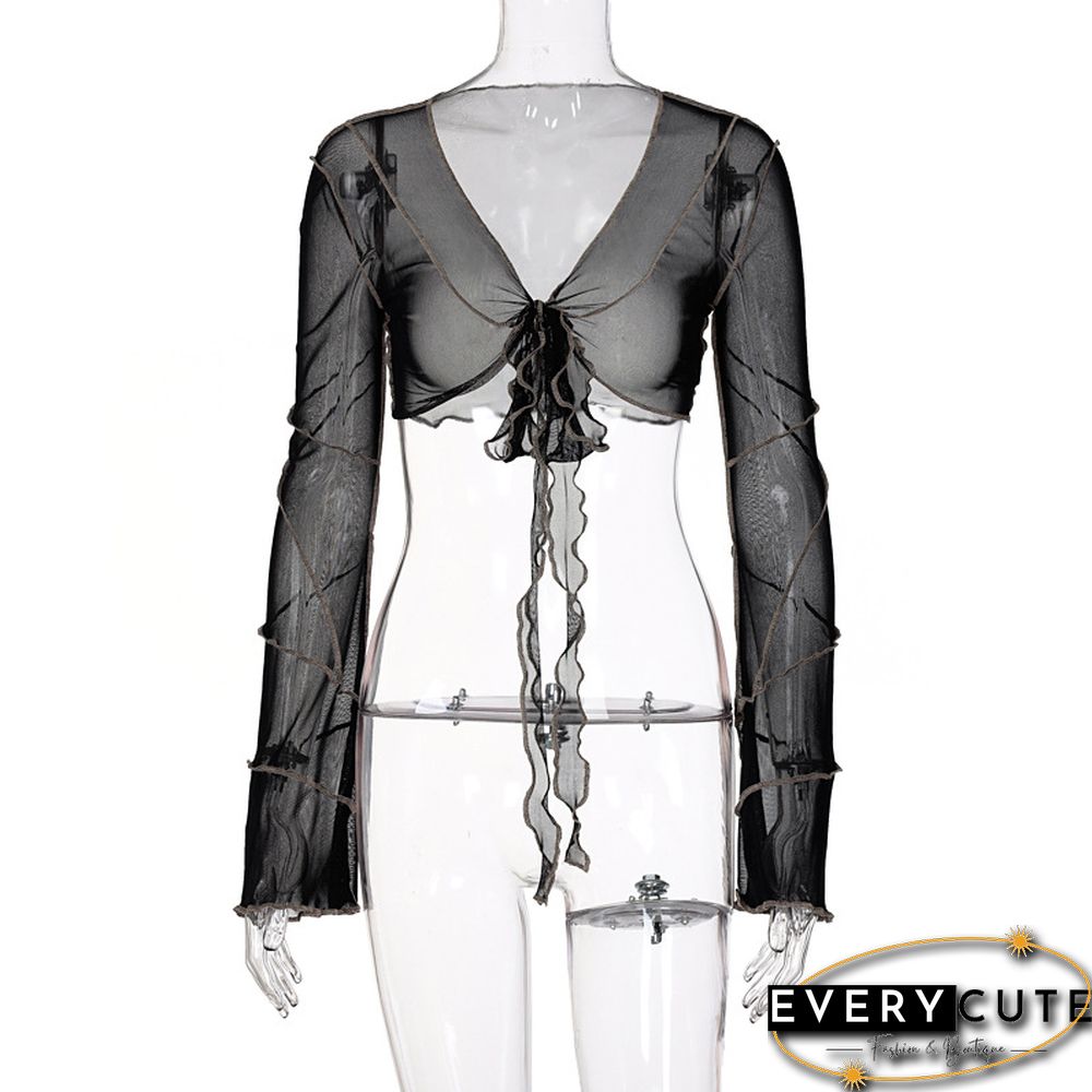 E Girl Aesthetics Bandage Black Mesh Crop Tops Y2K Deep V Neck Flare Sleeve Patchwork T Shirts Sexy Outfits Grunge Clothes
