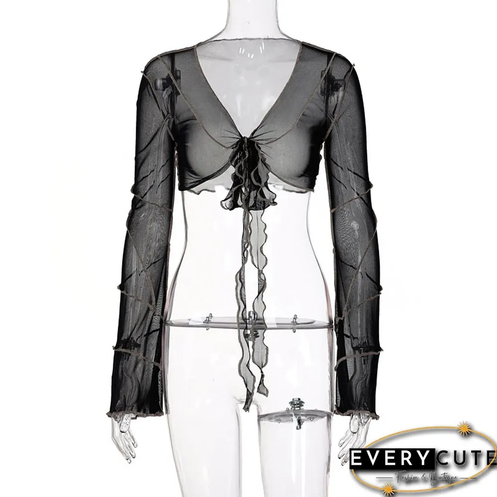 E Girl Aesthetics Bandage Black Mesh Crop Tops Y2K Deep V Neck Flare Sleeve Patchwork T Shirts Sexy Outfits Grunge Clothes