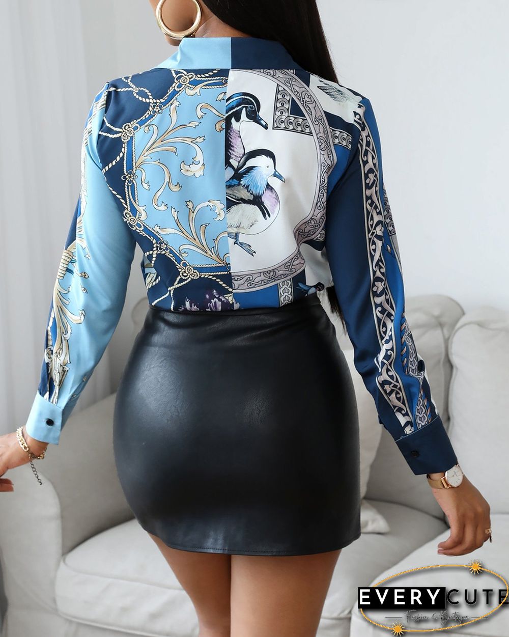 Bird Scarf Print Long Sleeve Shirt P10218