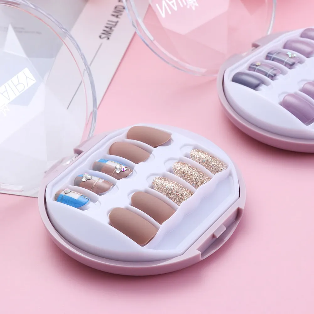 30PCS/Set Fake Nails Press Coffin False Full Artificial Short Kiss Detachable Stick Designs Press Nails Art Tipsy Cover Box