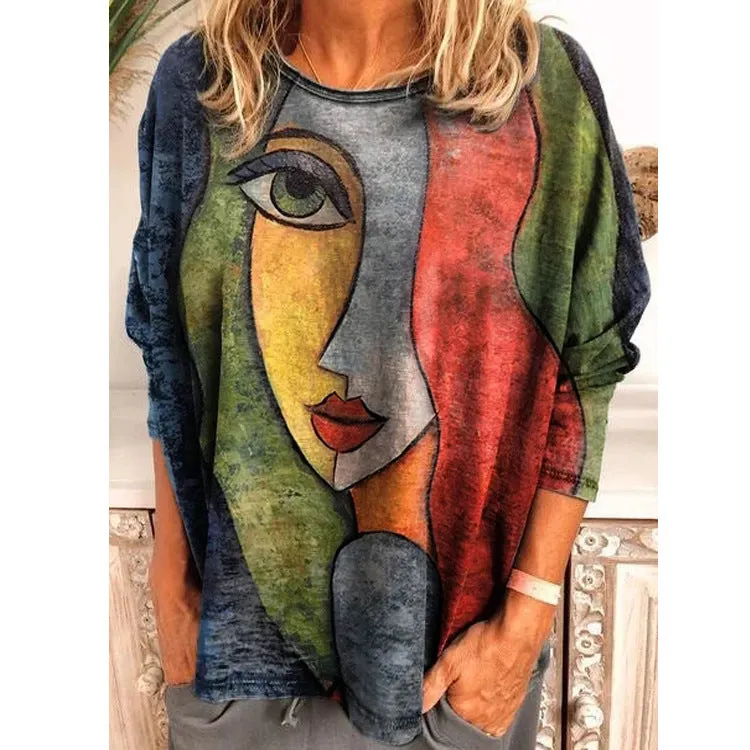 Brownm Size Women's Printing Print Long Sleeve Loose T-shirt