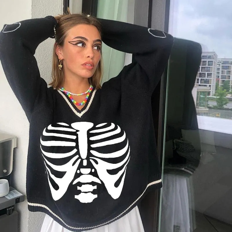 New Autumn Sweaters E-Girls Women Knit Sweater Adults Color Block Skeleton Printed Long Sleeve V-Neck Pullovers Hot Sale