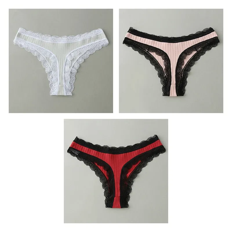 3PCS/Set G-string Panties Cotton Women's Underwear Sexy Panties Female Underpants Thongs Solid Color Sexy Lace Lingerie BANNIROU