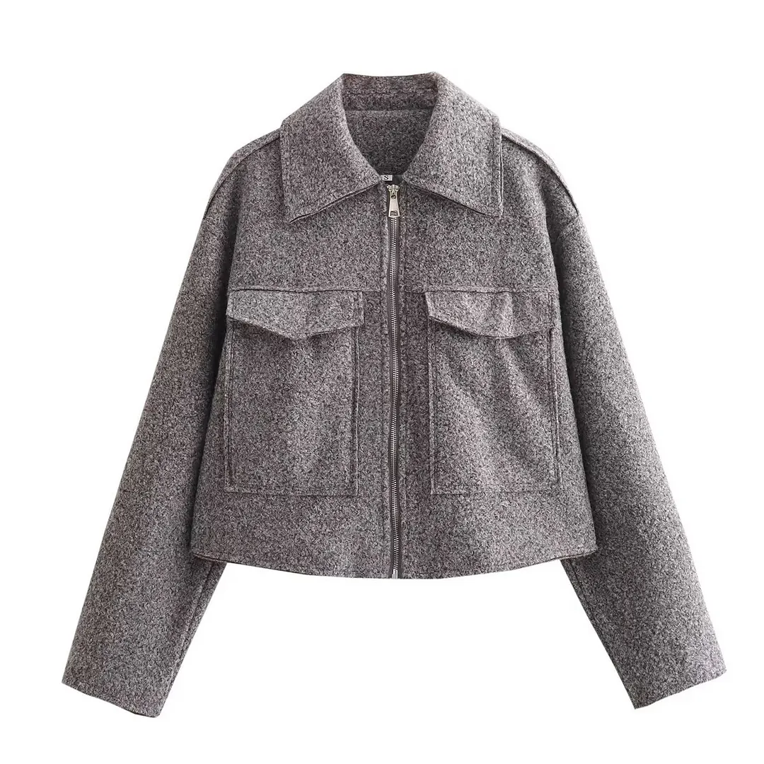 Nigikala Nigikala Spring/Autumn Festival New Women's Collar Large Pocket Zipper Short Long-Sleeved Jacket B88684