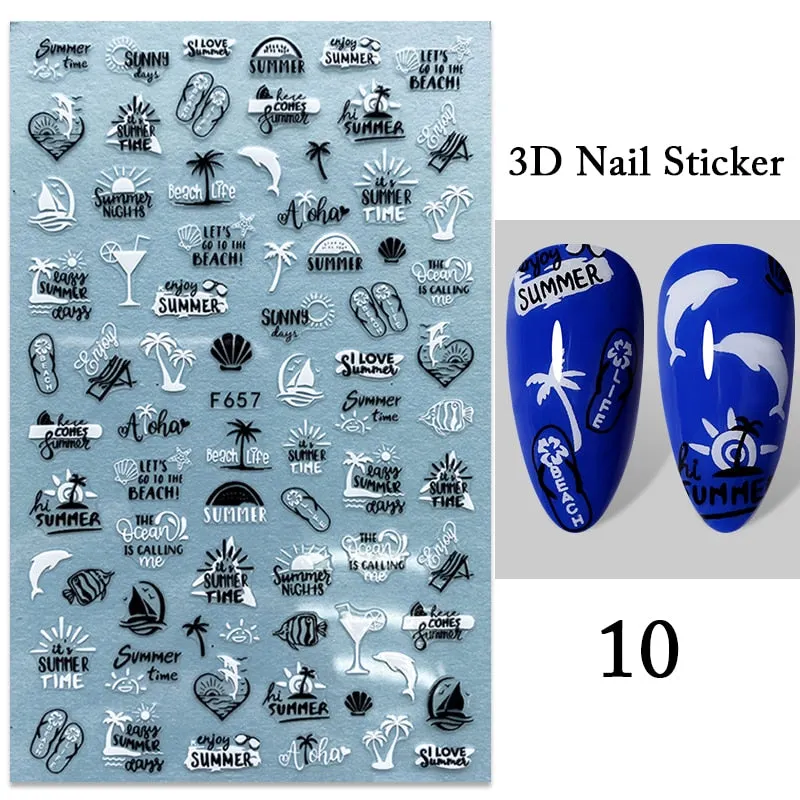 1PC iridescent Gold Black White 3D Nail Sticker Leaves Geometric Tropical Beach Decals DIY Slider Decoration Manicures-Nail Inspo