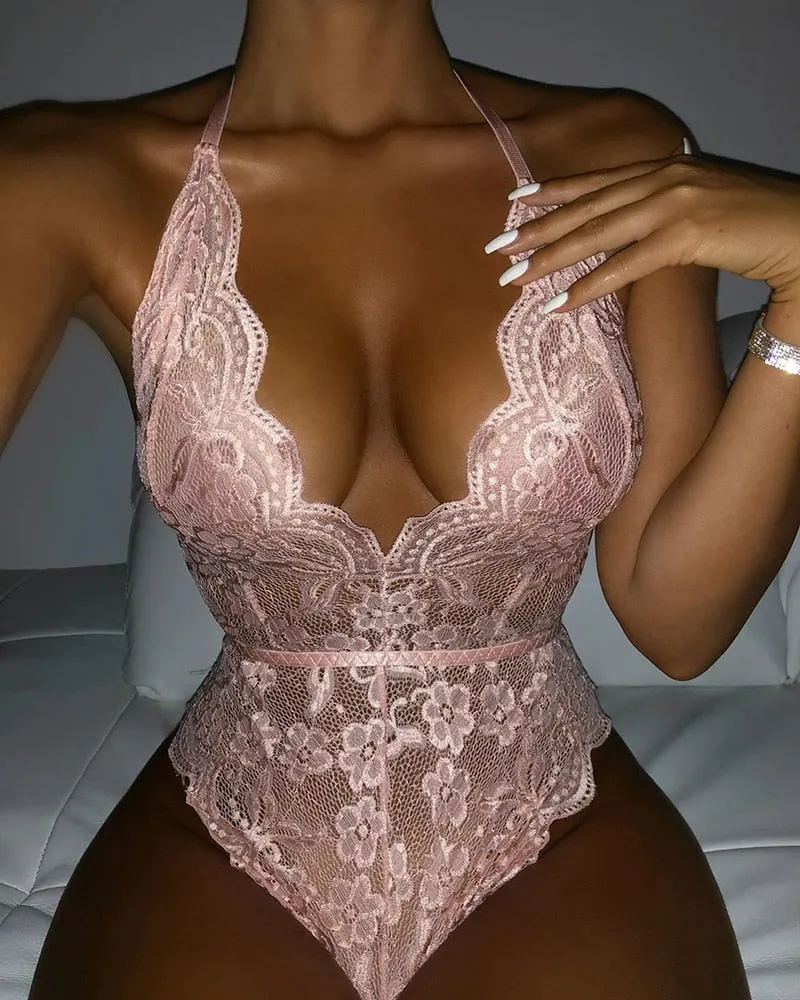 Yimunancy Floral Lace Bodysuit Women 9 Colors Halter Backless Bodysuit Ladies Sexy Teddies Bodysuit Body Femme