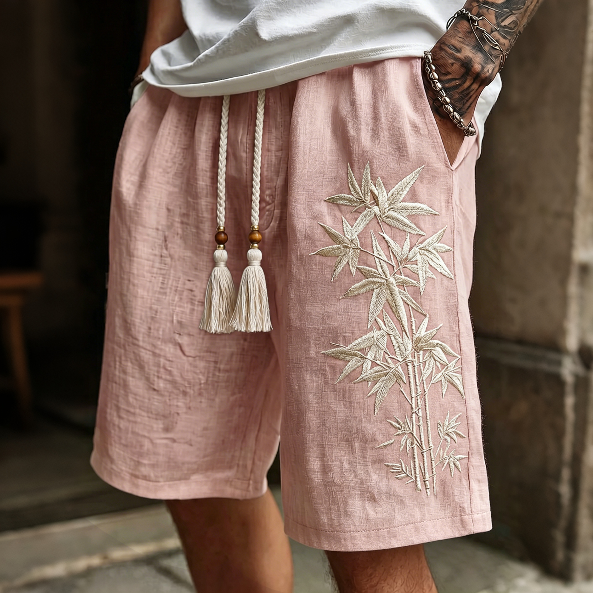 Comstylish Men's Bamboo Embroidery Art Linen Blend Shorts