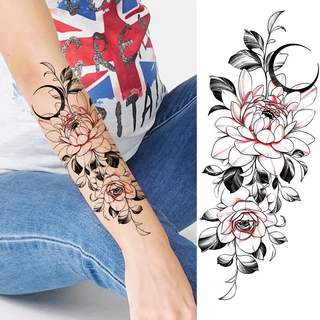 Black Lotus Pendant Temporary Tattoos For Women Adult Rose Flower Jewelry Fake Tattoo Fashion Calf Waterproof Half Sleeve Tatoos