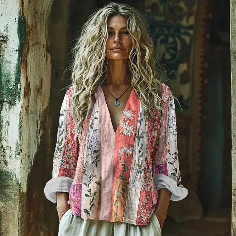 Vintage Boho Bohemian Ethnic Floral Patchwork Linen V-neck Tunic