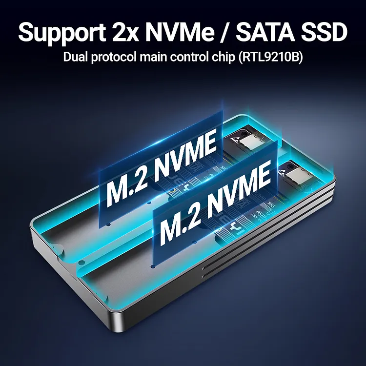 JEYI Dual Bay M.2 NVMe SATA SSD Enclosure, USB 3.2 Gen 2 10Gbps