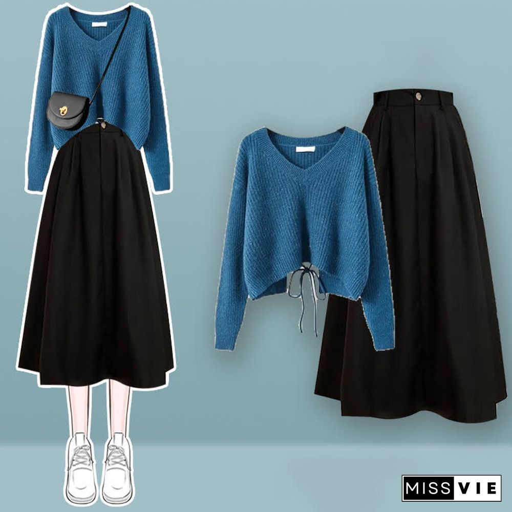 V-neck Lace Up Knit Sweater A-line Skirt Two Pieces