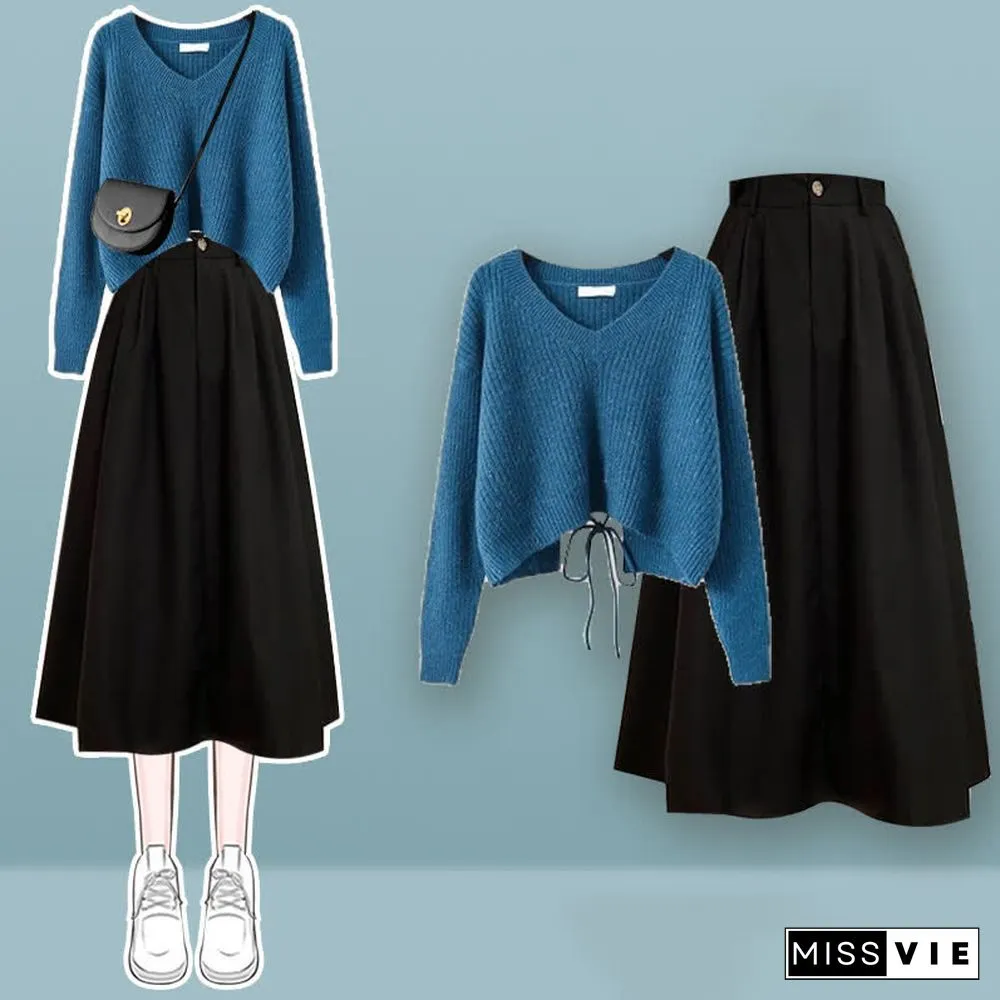 V-neck Lace Up Knit Sweater A-line Skirt Two Pieces