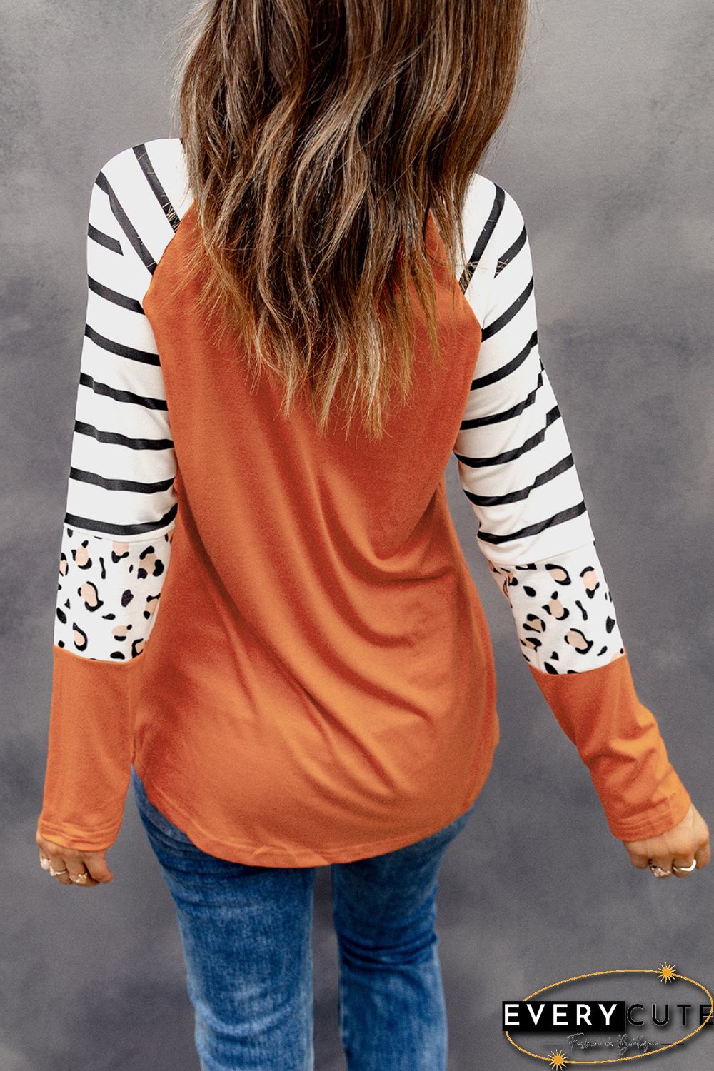 Orange Spooky Spider Web Striped Leopard Color Block Top