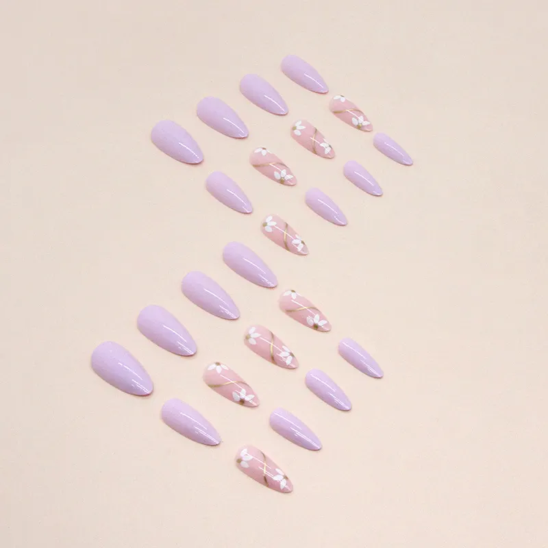 Churchf Churchf Elegant Fresh Taro Purple Pure Color Nail Gold Foil Line Flower Fake Nails Cure Mood Series Wear Armor