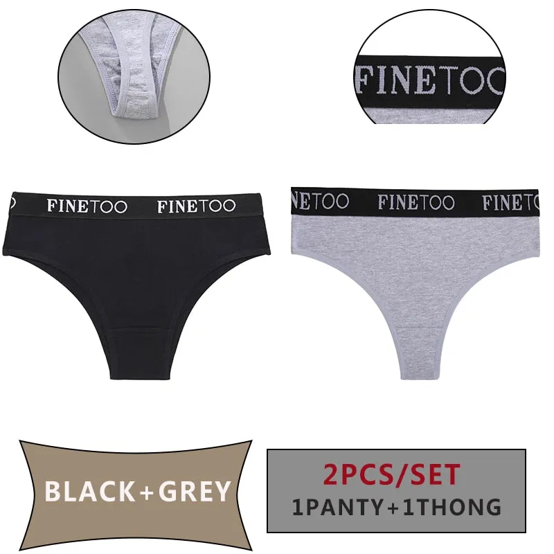 FINETOO 2PCS/Set Women Cotton Panties Sexy Letter Underwear Panty Thong Low Waisted 1Panty+1G-string Brief Tanga Lingerie Femme