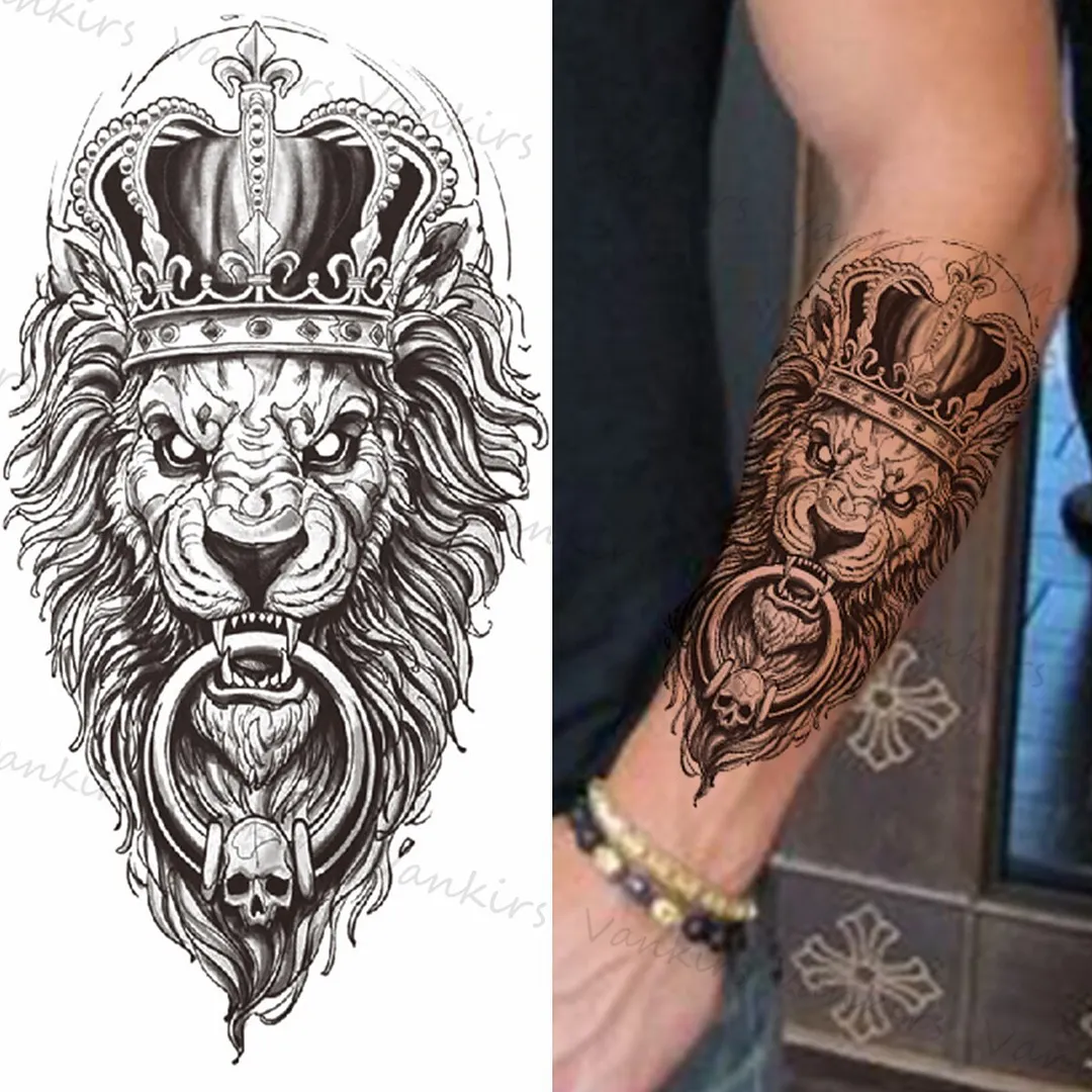 Sdrawing Lion Crown Temporary Tattoos For Women Men Wolf Compass Tiger Mountain Flower Fake Tattoo Sticker Arm Body Tatoos
