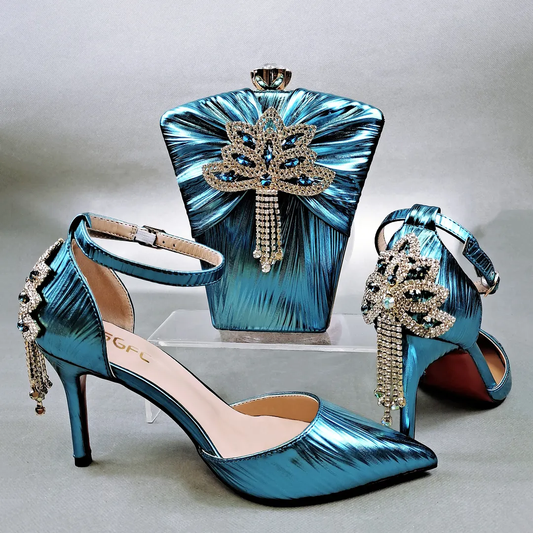 QSGFC 2022 New Arrival Sexy High Heel Pointed Elegant Noble Green Color Ladies Shoes and Bag Set For Any Occasion