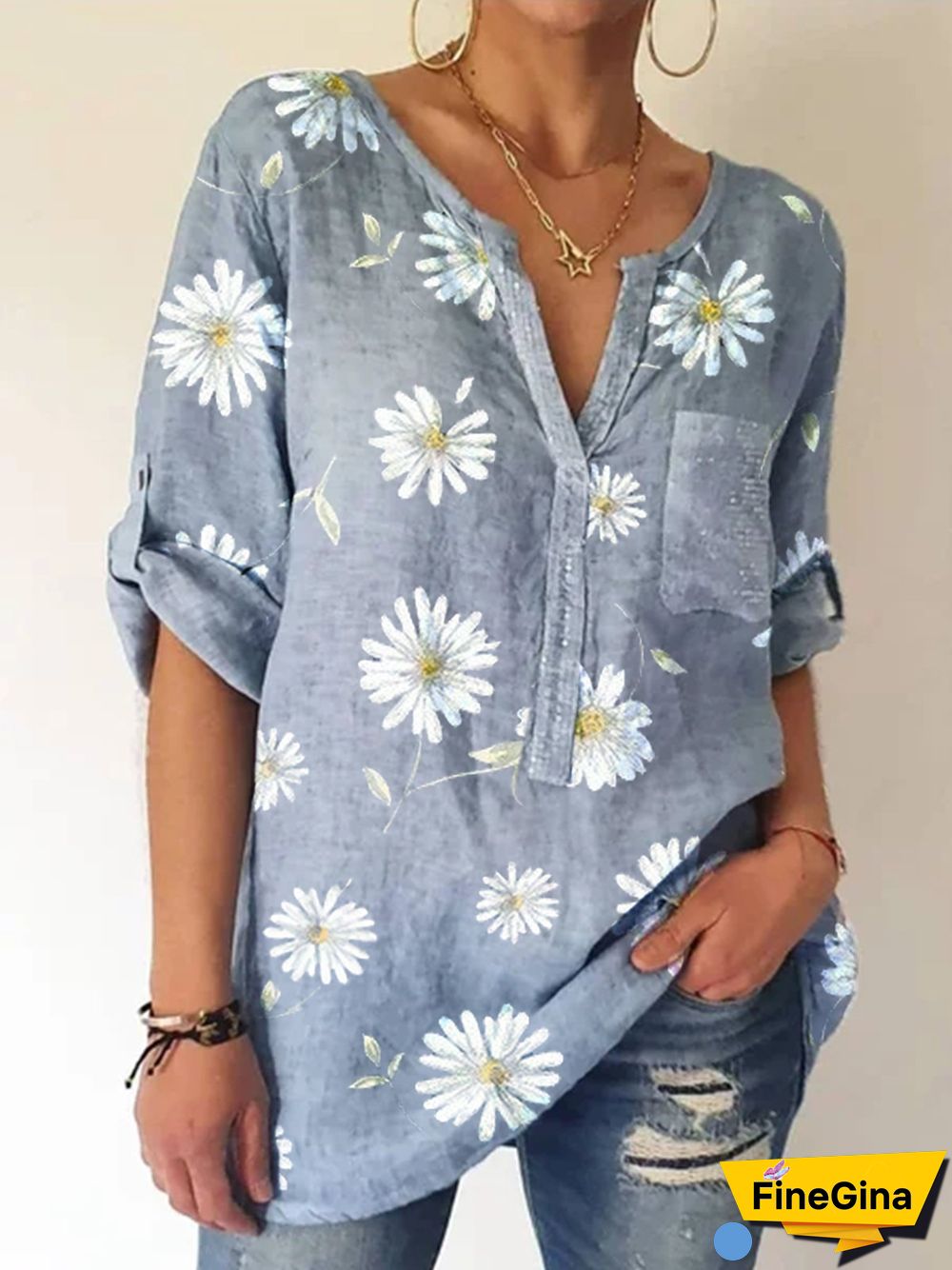 Casual Long Sleeve Shift Floral Blouse